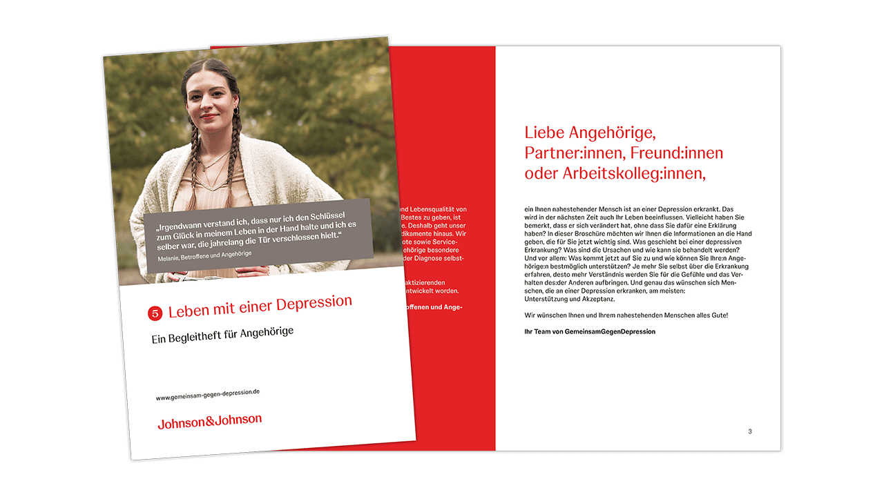 Teaserbild für die Broschüre „Leben mit einer Depression “. Das Titelbild zeigt eine junge Frau mit geflochtenen Zöpfen.