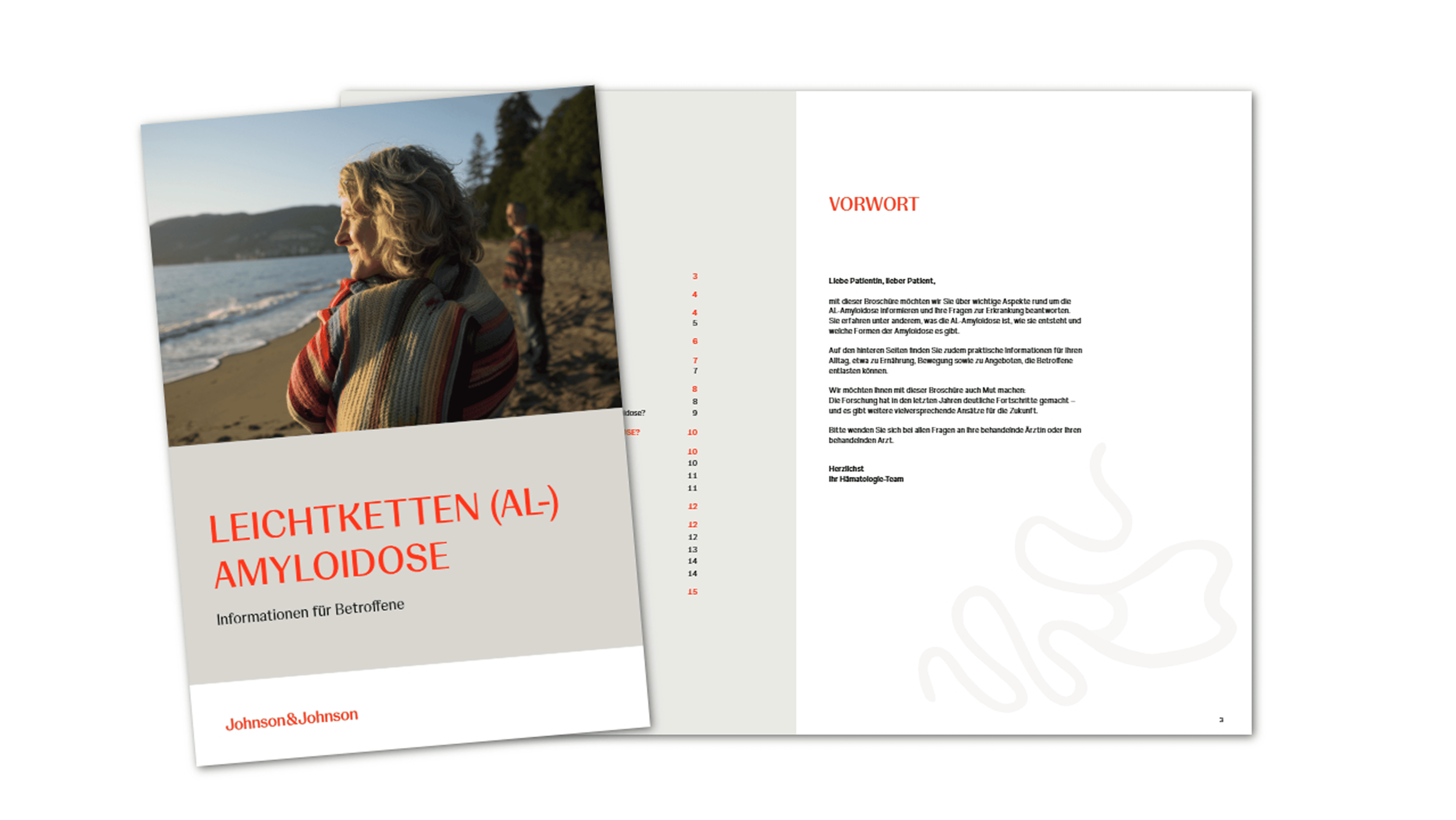 Patientenbroschüre „Leichtketten (AL-) Amyloidose – Informationen für Betroffene“ mit einer Frau am Strand und Informationen zur seltenen Amyloidose-Erkrankung.