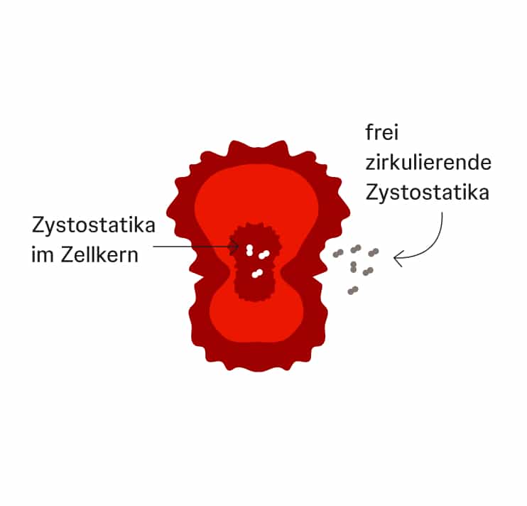 Teilungsfähige Tumorzelle mit Zytostatika Schematische Darstellung einer teilungsfähigen Tumorzelle mit Zytostatika im Zellkern und außerhalb der Zelle.