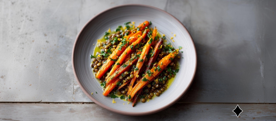 Linsensalat mit gerösteten Karotten und Zitrusdressing