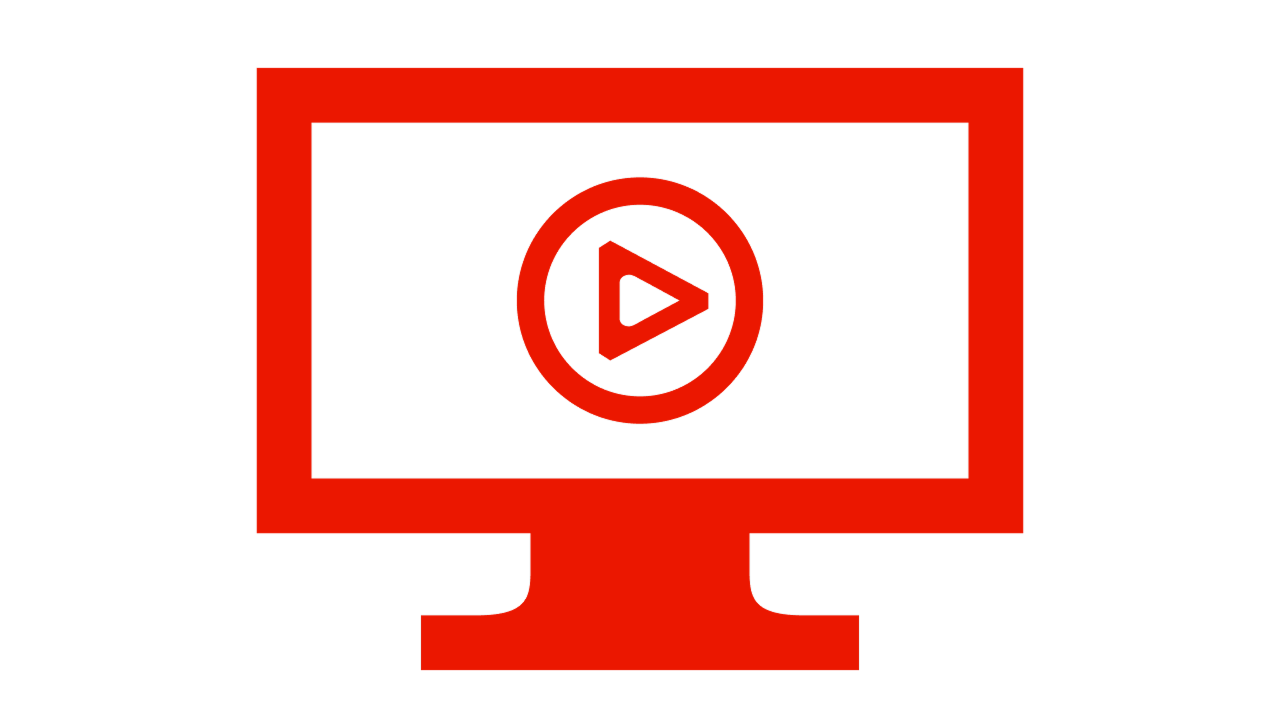 Rotes Icon eines Monitors mit einem Playbutton in der Mitte