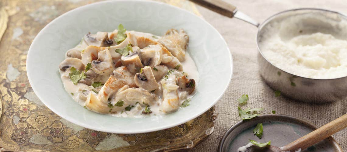 Rezept für eine entzündungshemmende Ernährung bei Schuppenflechte (Psoriasis): Geschnetzeltes mit Blumenkohlpüree Geschnetzeltes mit Blumenkohlpüree