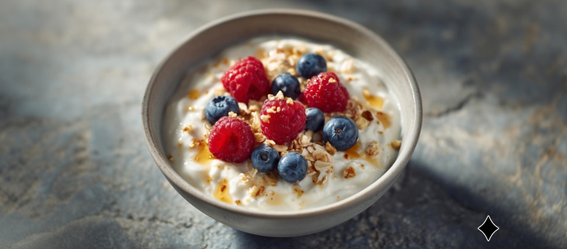 Quark-Dessert mit Beeren und Hafer-Crunch