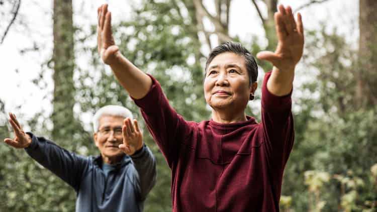 Körperliches Training bei Depressionen empfohlen Zwei ältere Personen bei asiatischen Sportübungen, die Körper und Geist trainieren.