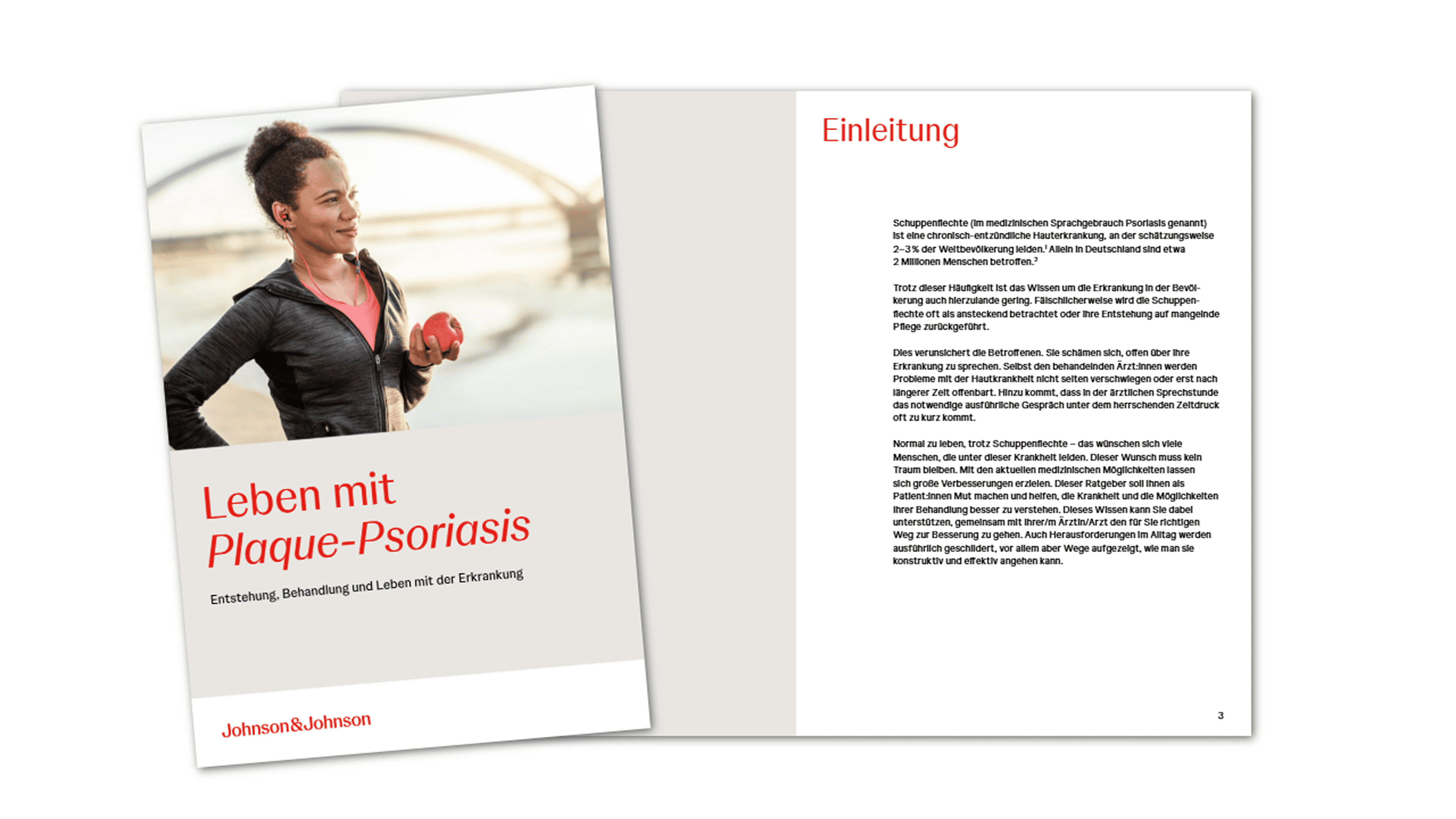 Aufgeschlagene Patientenbroschüre "Leben mit Plaque-Psoriasis"