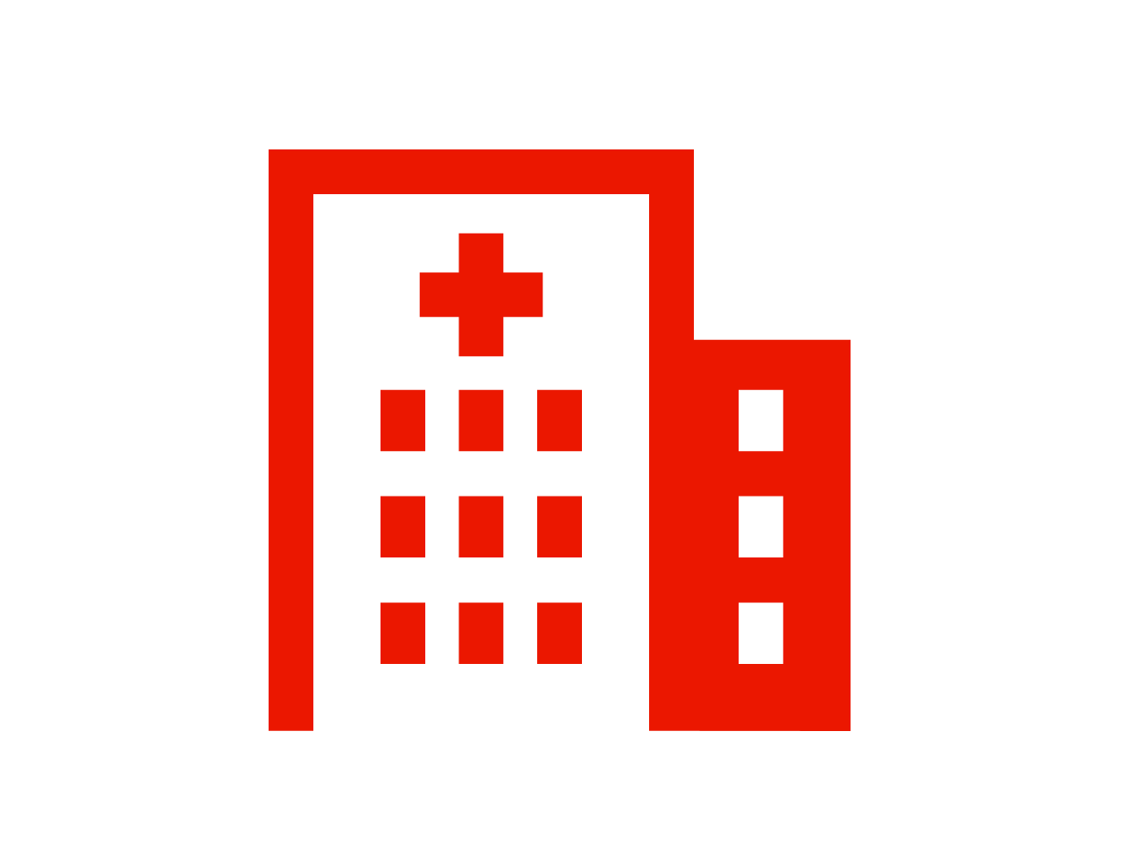 Rotes Icon eines Krankenhauses mit Anbau