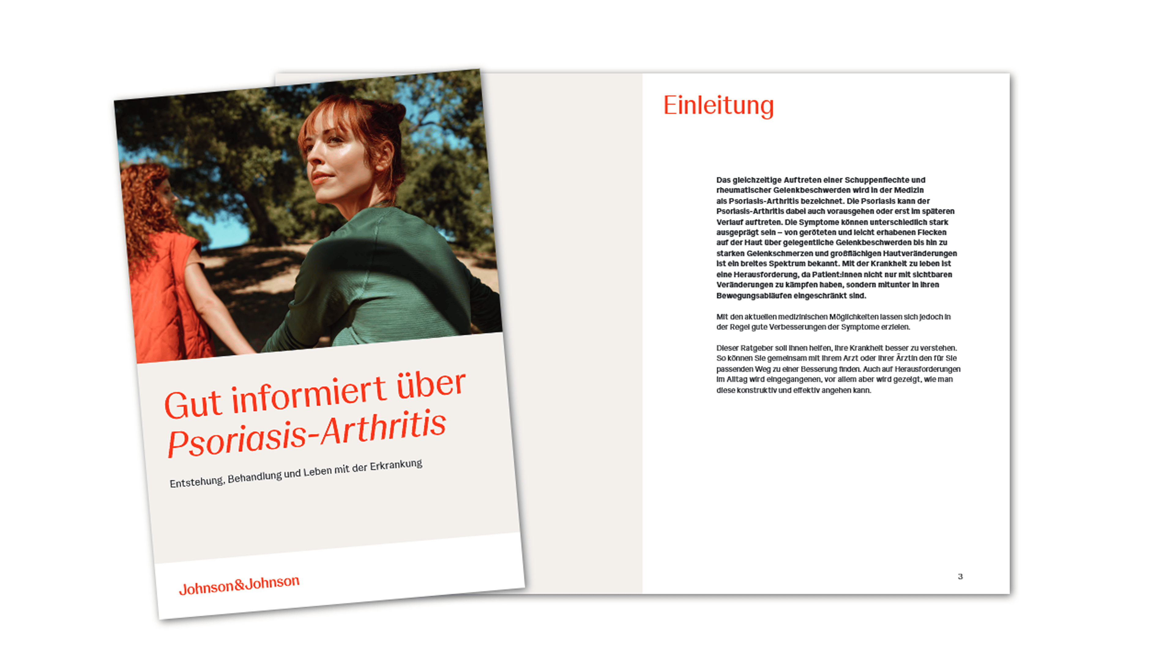 Aufgeschlagene Patientenbroschüre "Gut informiert über Psoriasis-Arthritis"