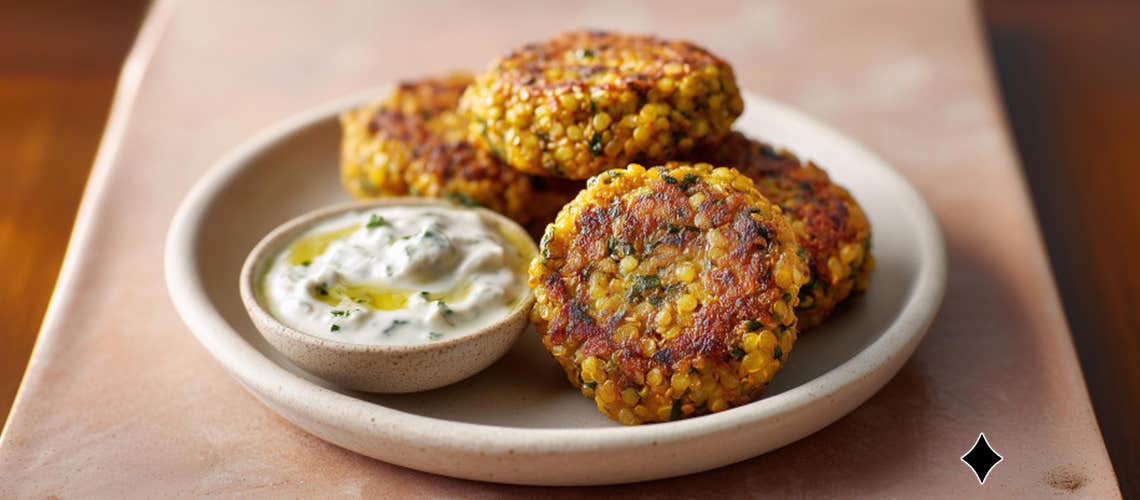 083_Hirse-Frikadellen_mit_Zitronen-Dip Hirse-Frikadellen mit Zitronen-Dip