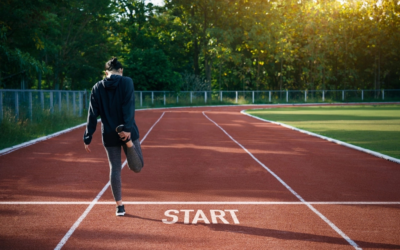 Runner stretching their leg behind their back before taking off on a track.
