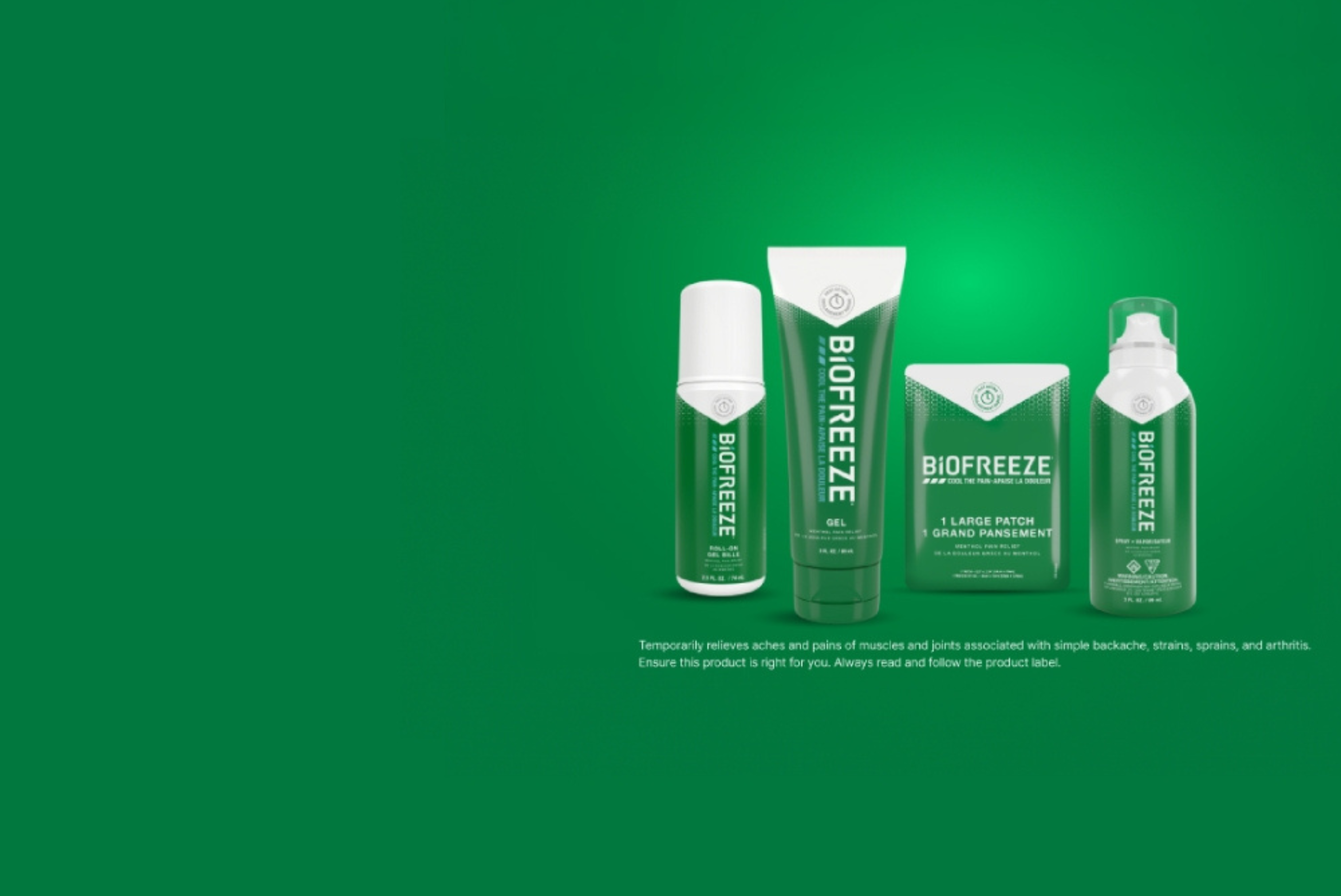Biofreeze Pain Relief Roll-On, 74 mL, Biofreeze Pain Relief Gel, 89 mL Tube, Green, Biofreeze Pain Relief Patch, Large, and Biofreeze Pain Relief Spray, 89 mL Aerosol Spray products in front of a green background.