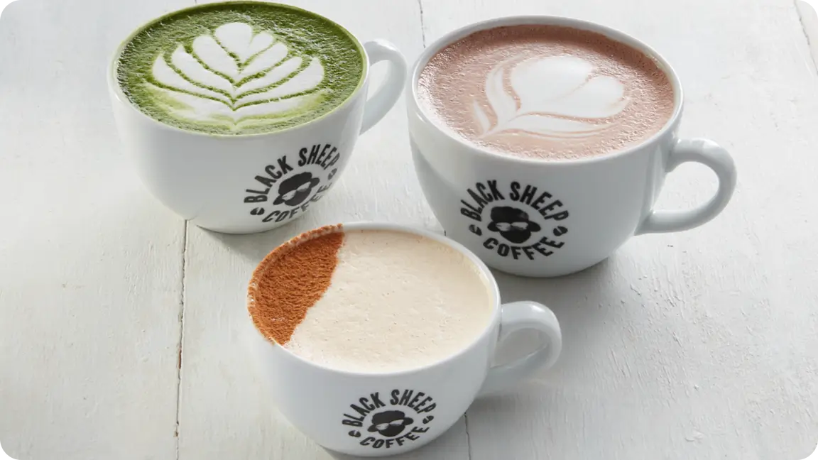 selection of hot drinks including matcha, chai and coffee from black sheep coffee