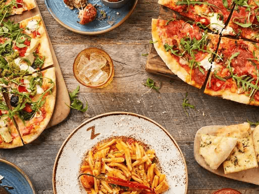 Pizza and Pasta dishes at Zizzi's in London