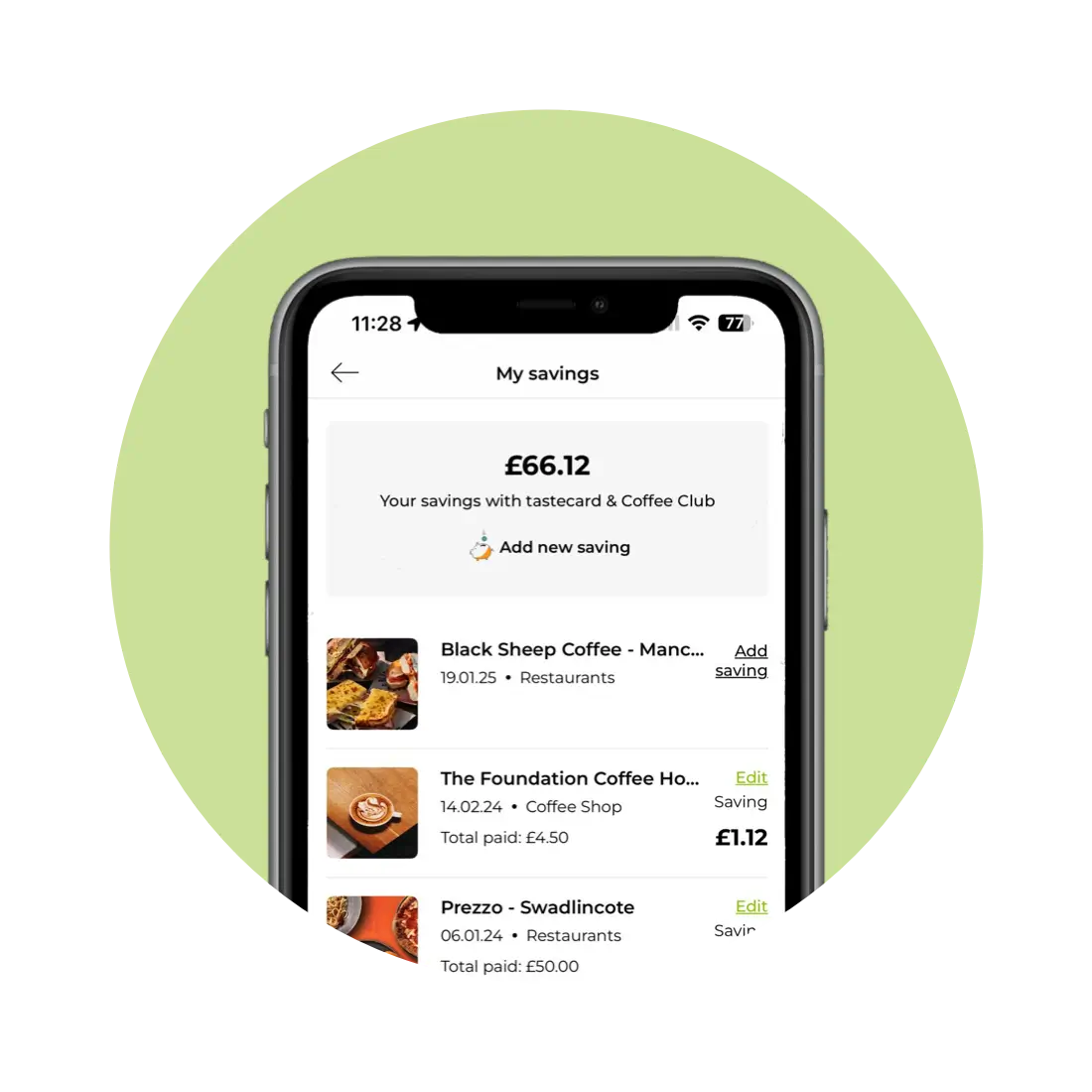 An app screen showing the savings a customer has made with their tastecard and Coffee Club membership