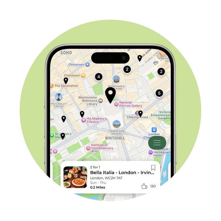 An app screen showing a map search of restaurants in the area