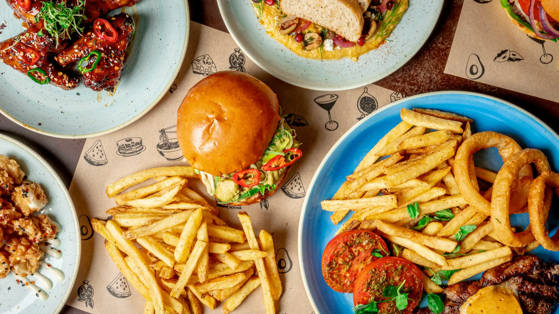 variety of main meals including steak, burger and fries