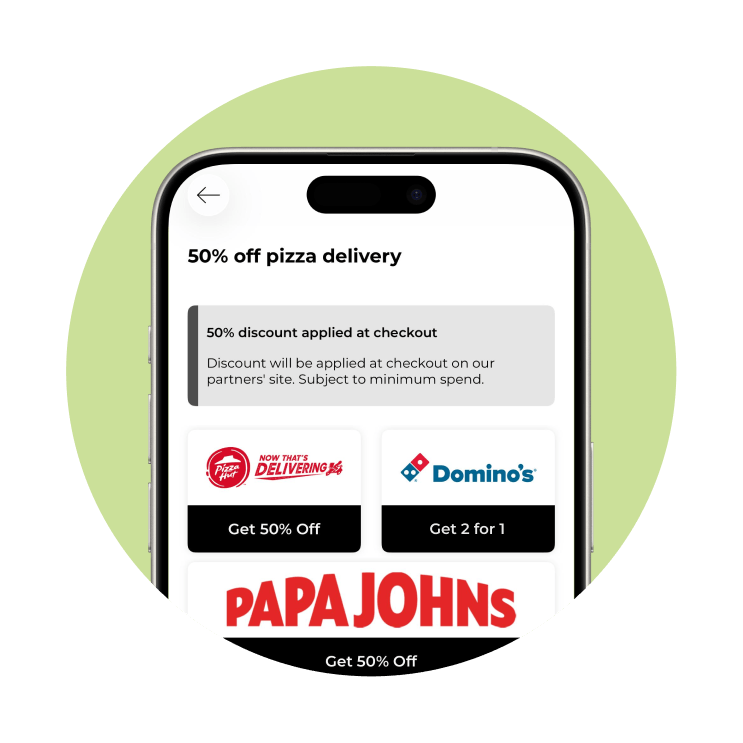An app screen showing the pizza delivery options that tastecard has to offer including Pizza Hut Delivery and Domino's