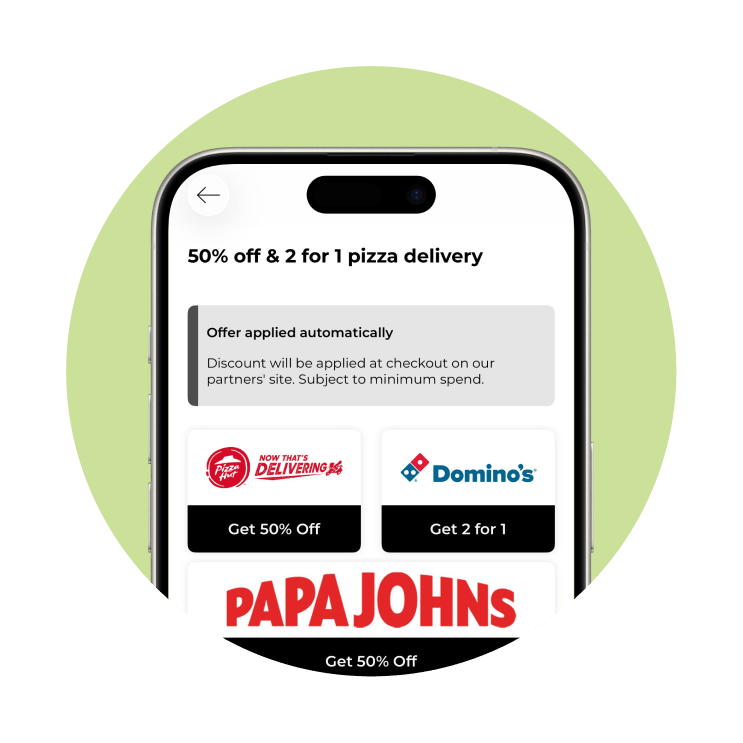 An app screen showing the pizza delivery options that tastecard has to offer including Pizza Hut Delivery and Domino's