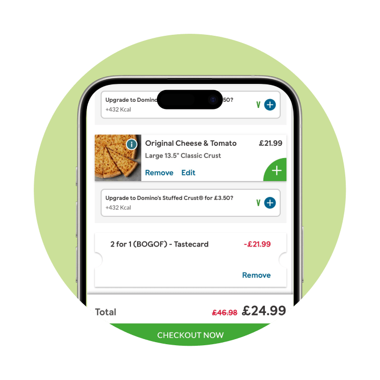 Domino's checkout showing the tastecard discount applied
