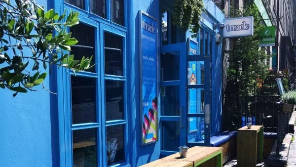 Exterior of treacle restaurant. The walls and doors are painted blue with glass panes to see in, wooden benches sit outside surrounded by greenery.