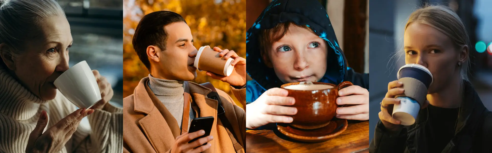 People of all ages drinking coffee, hot chocolate and more