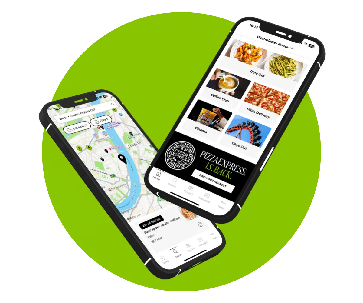 App screens showing the homepage screen and map view screen from the tastecard app