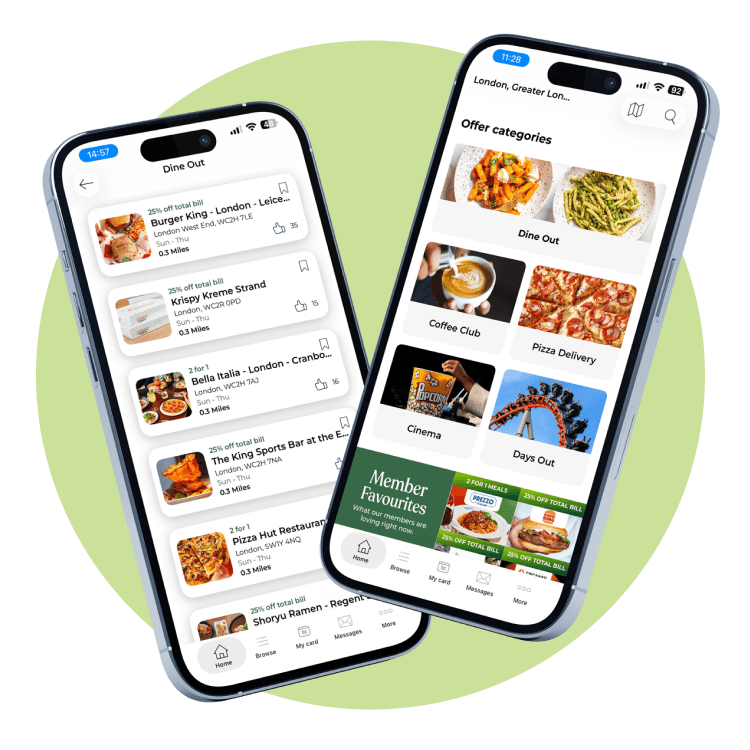 App screens showing the homepage screen and map view screen from the tastecard app