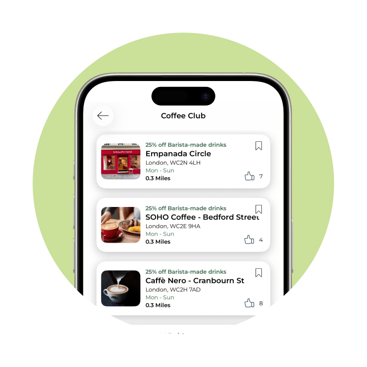 Search for Coffee Club locations in the tastecard app
