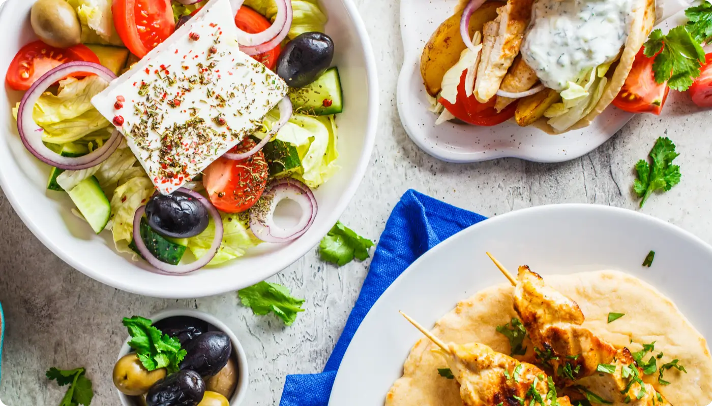 Greek salad with olives, tomatoes, cucumber and feta cheese