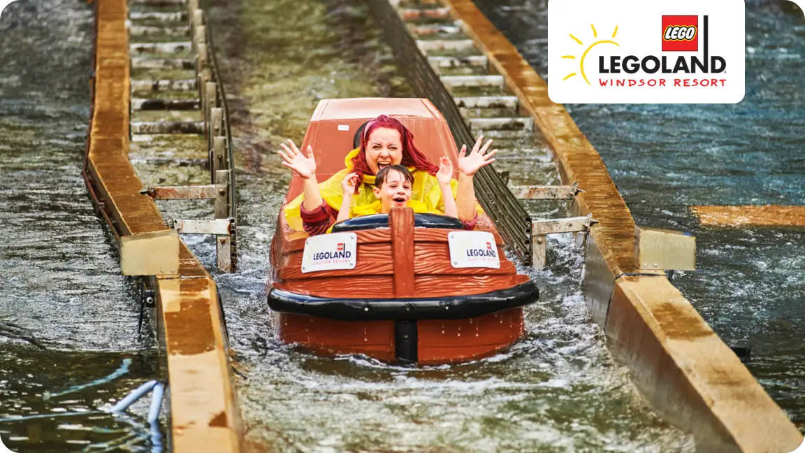 Mother and son riding the river rapids at Legoland