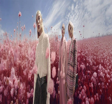 Three women with short blonde hair and pink shaded clothes in a pink flower field by Marc Cain. 