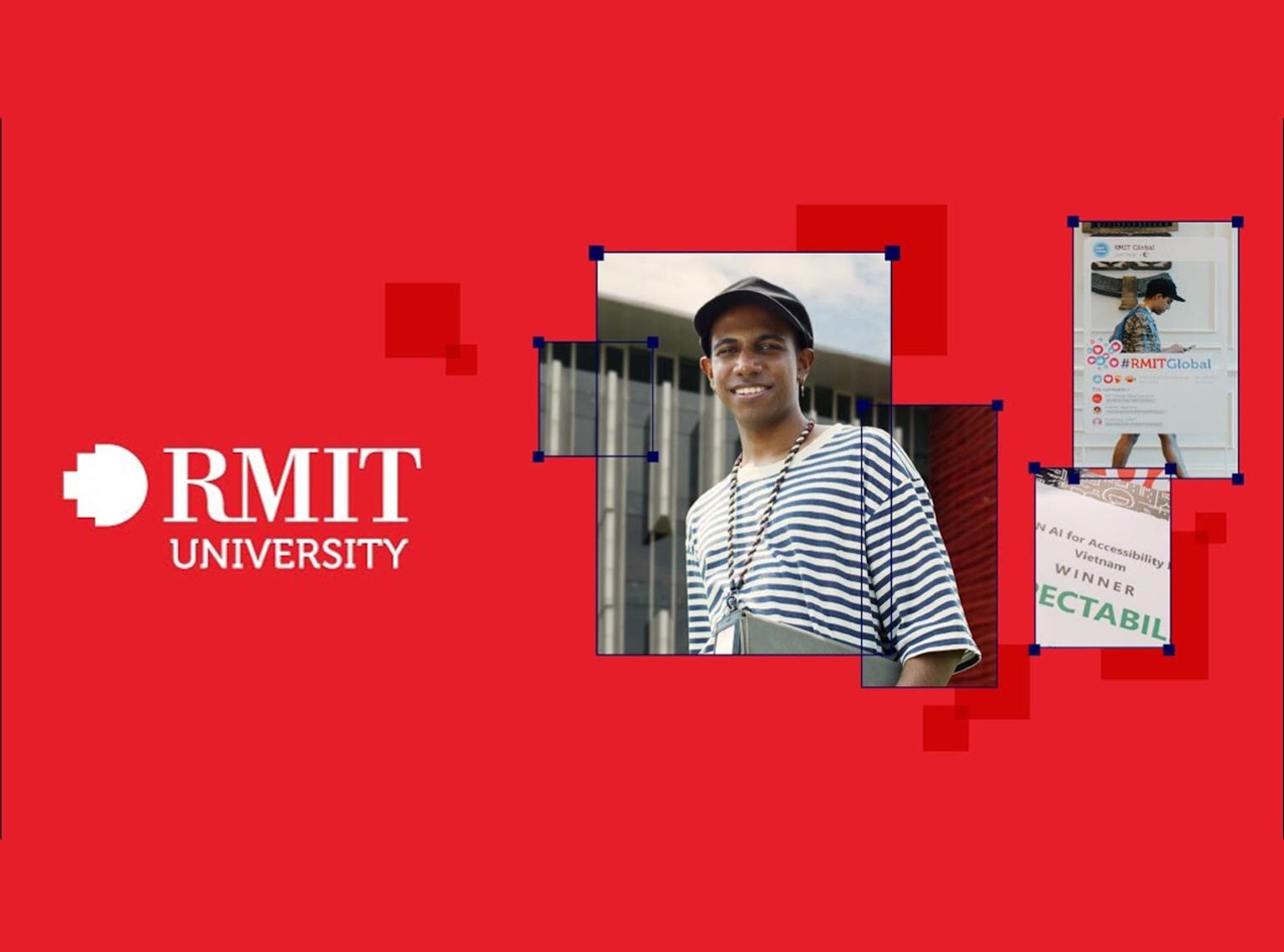 RMIT University promotional image featuring a student on a red background