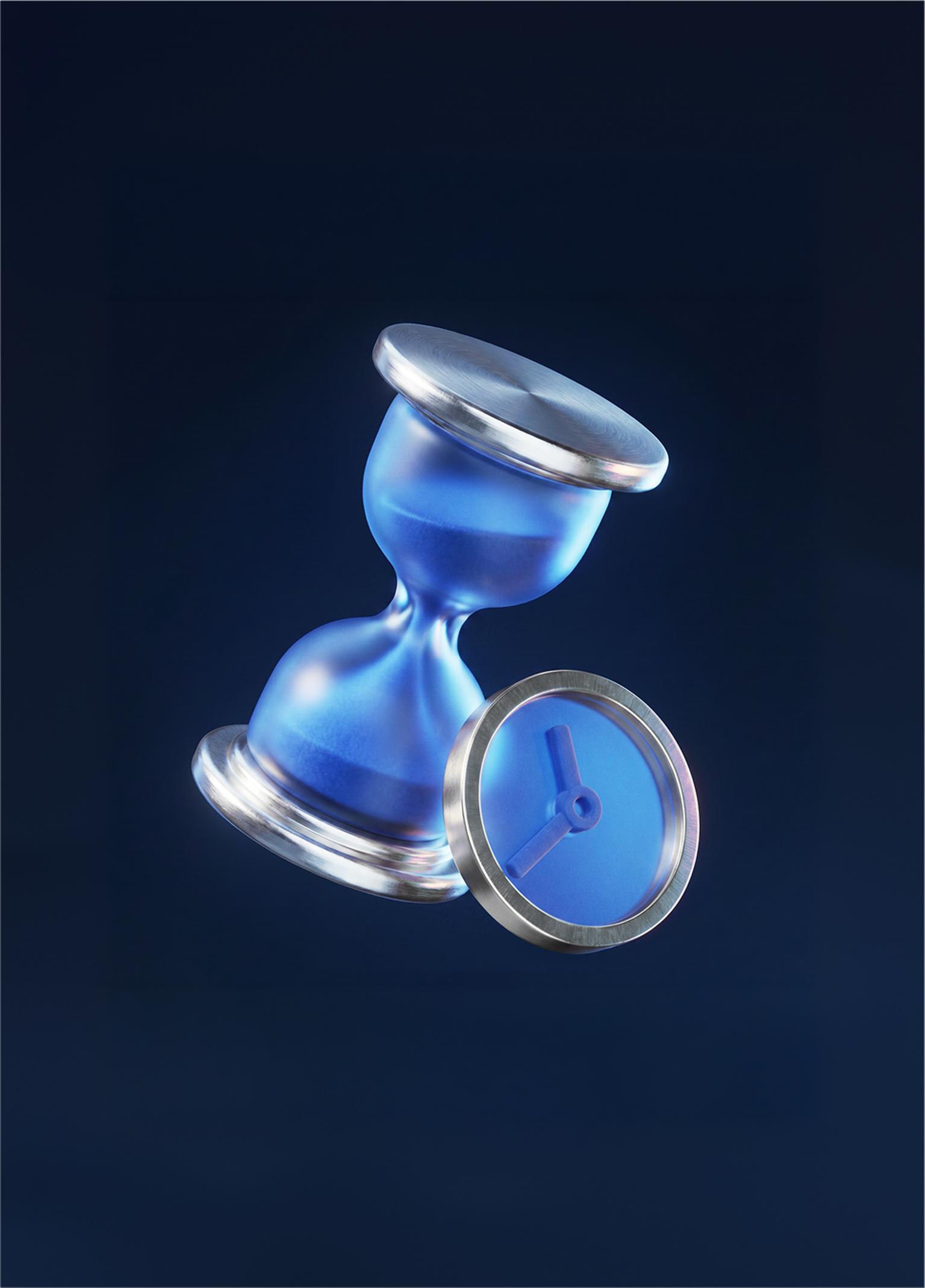 3D illustration of an hourglass and clock representing time