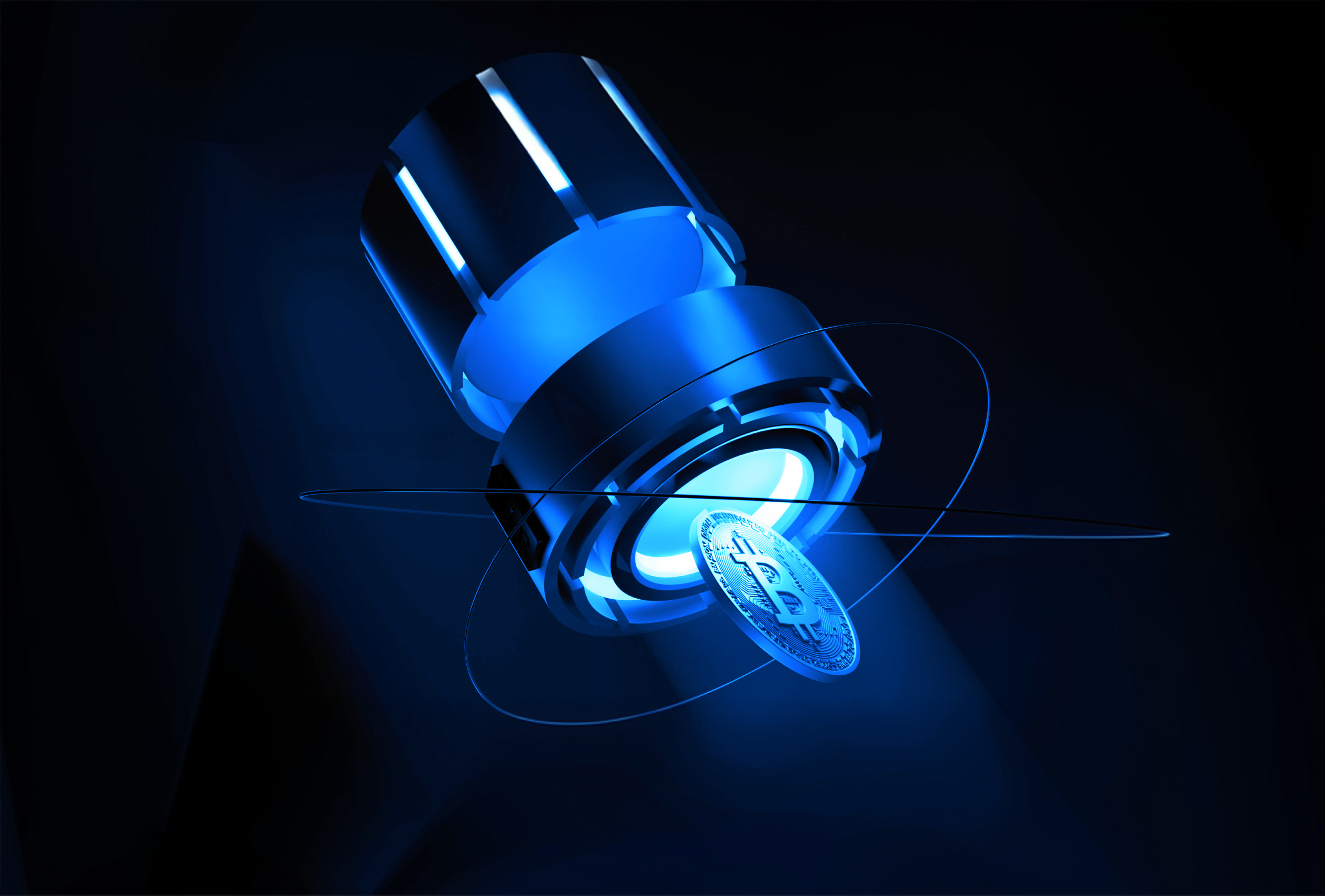 3D illustration of a futuristic blue machine with a Bitcoin coin