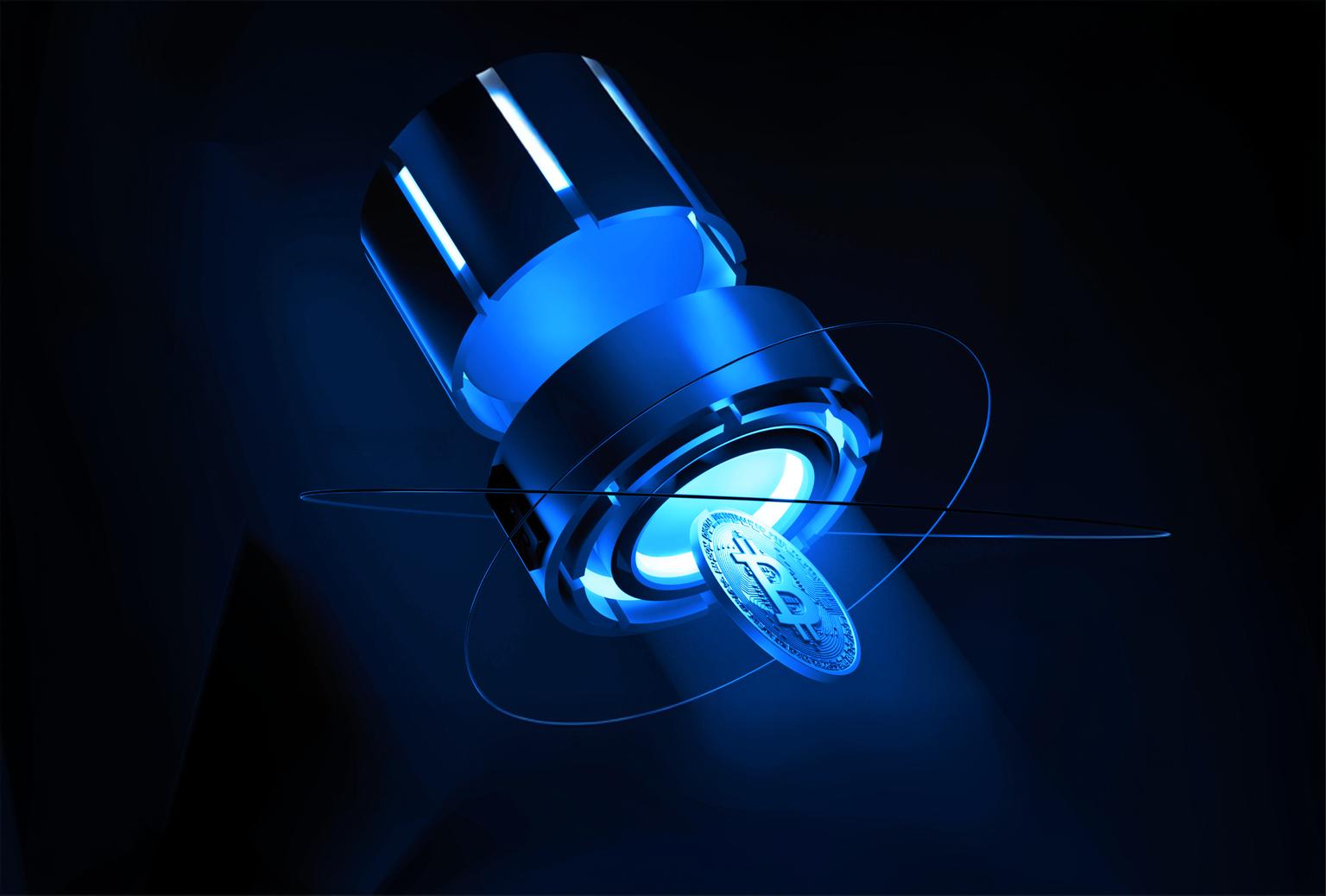 3D illustration of a futuristic blue machine with a Bitcoin coin