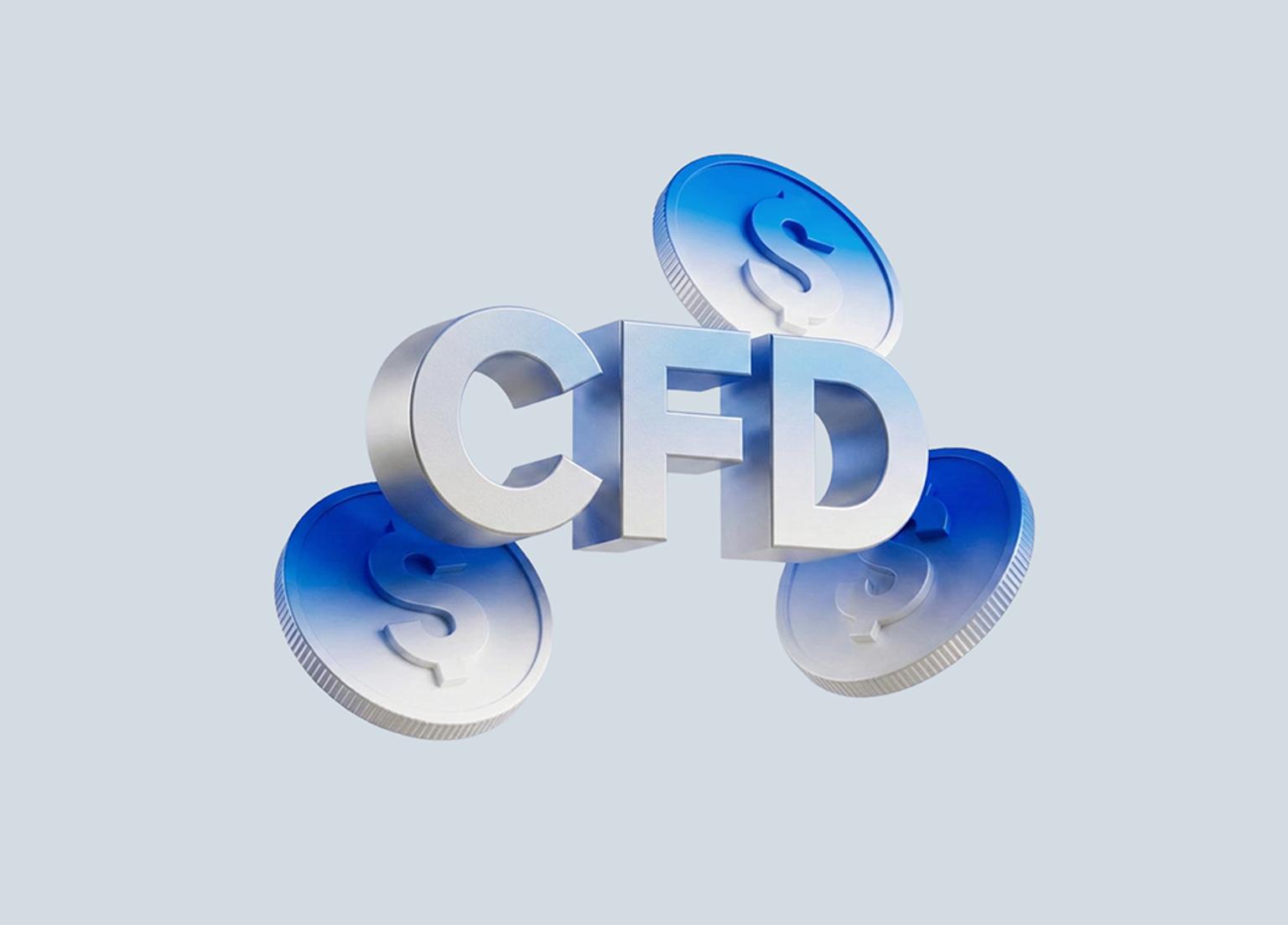 3D illustration of CFD text surrounded by dollar coins