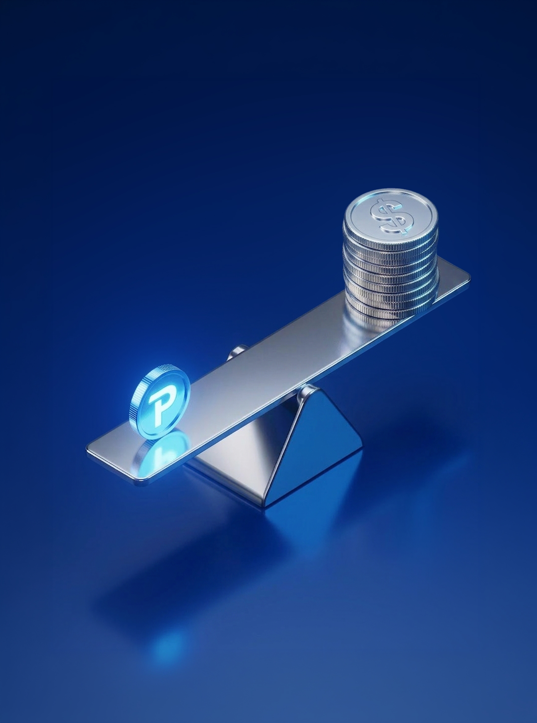 3D illustration of a balance scale with a Pepperstone coin outweighing a stack of dollar coins.