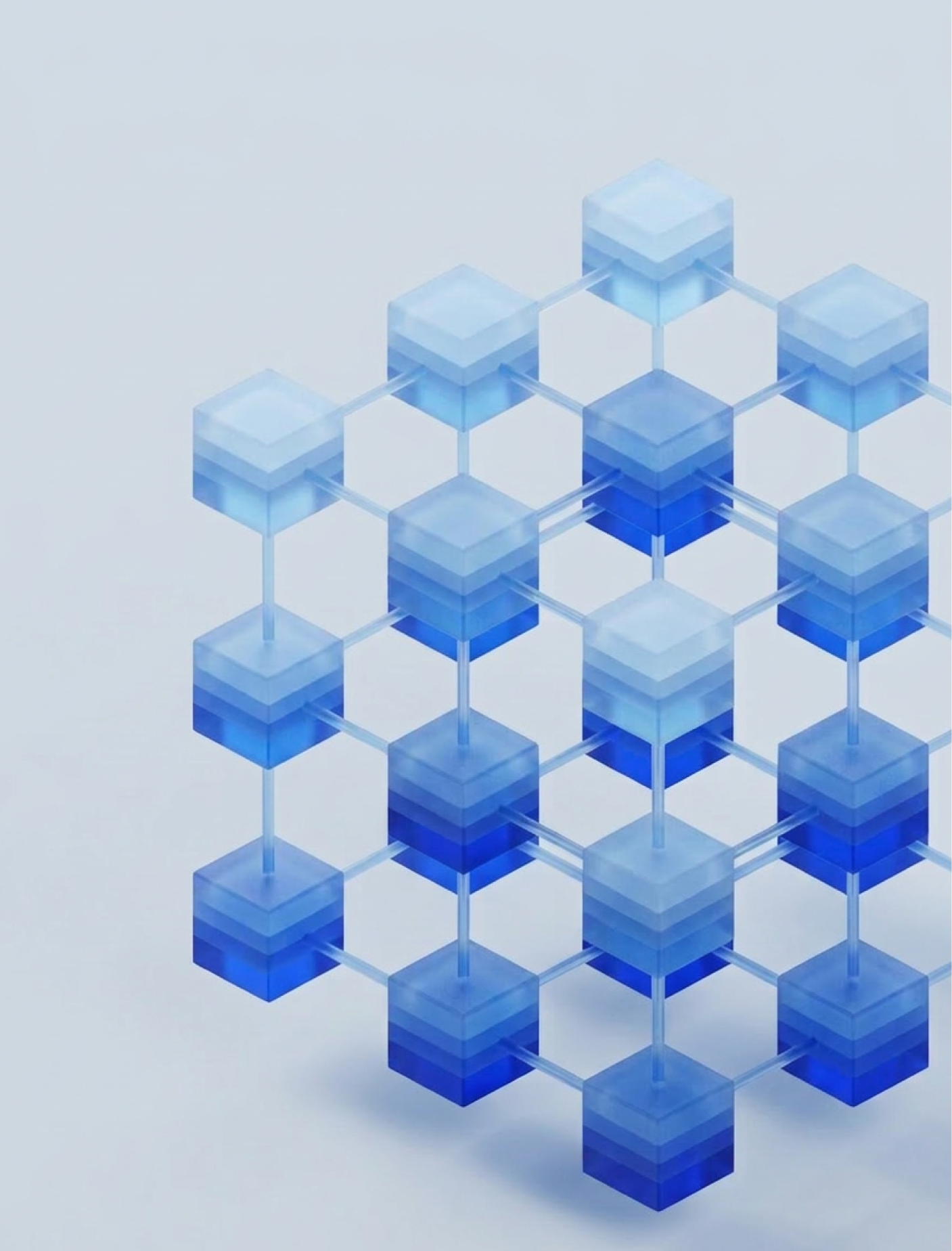 3D illustration of an interconnected grid of blue cubes representing a blockchain network