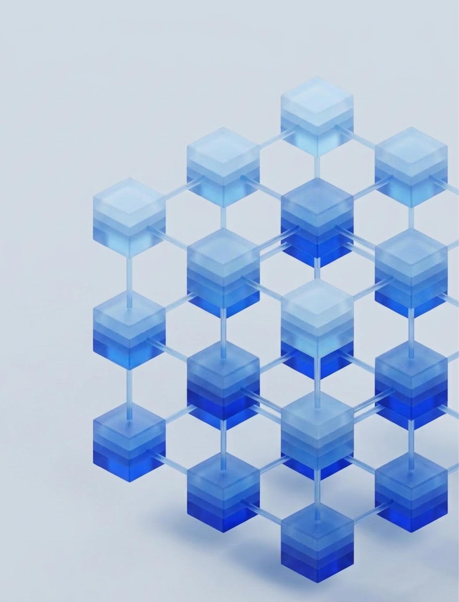 3D illustration of an interconnected grid of blue cubes representing a blockchain network