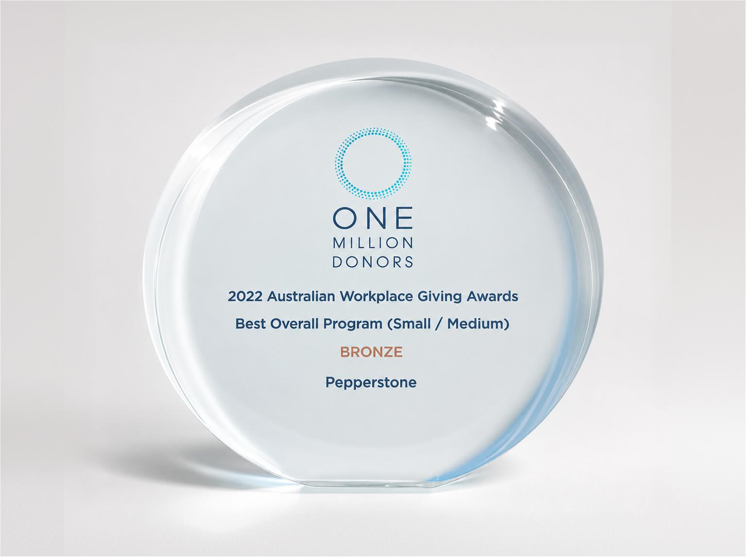 Pepperstone's 2022 Australian Workplace Giving Awards bronze trophy for Best Overall Program