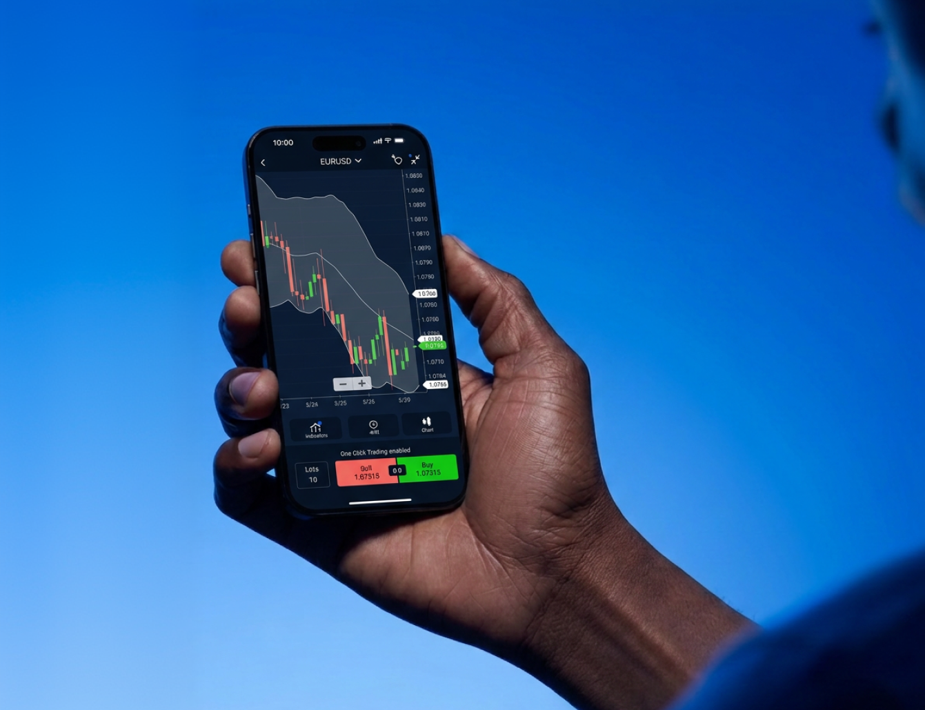 A hand holding a smartphone displaying a EUR/USD trading chart.