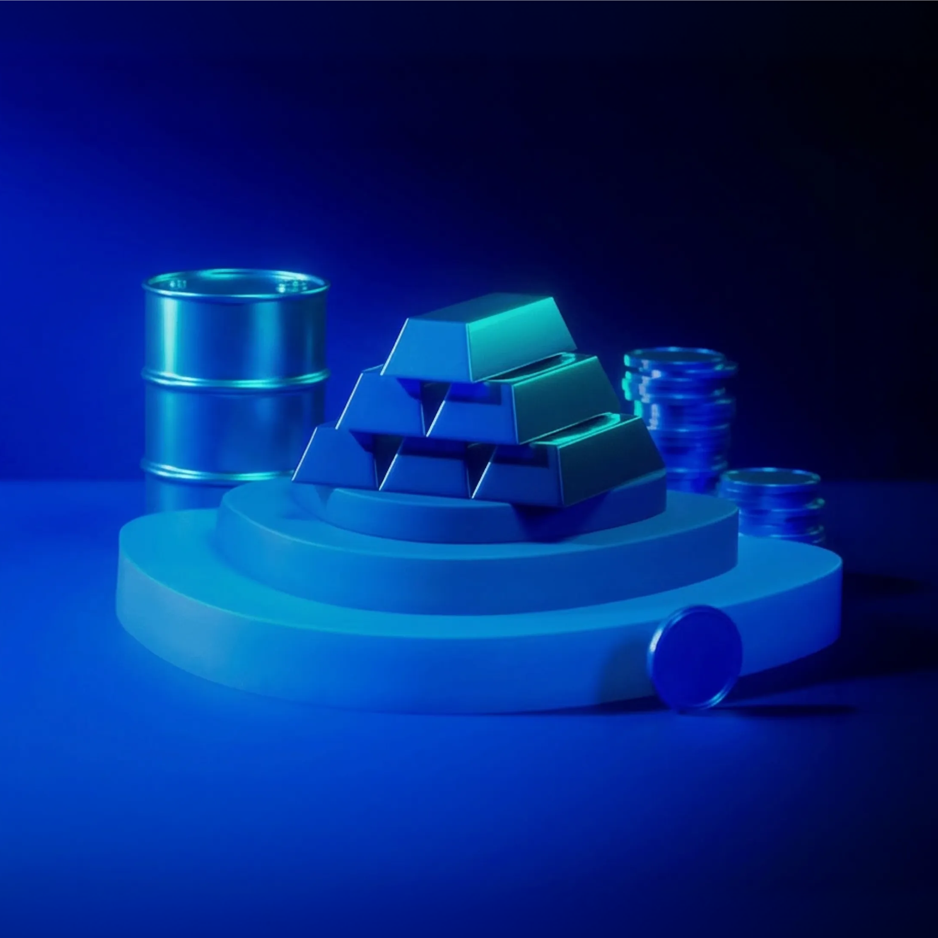 3D illustration of gold bars, an oil barrel and coins on a tiered podium representing commodities
