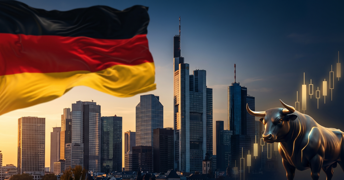 Frankfurt financial district skyline at golden hour with a flowing German flag in the foreground, representing the DAX index