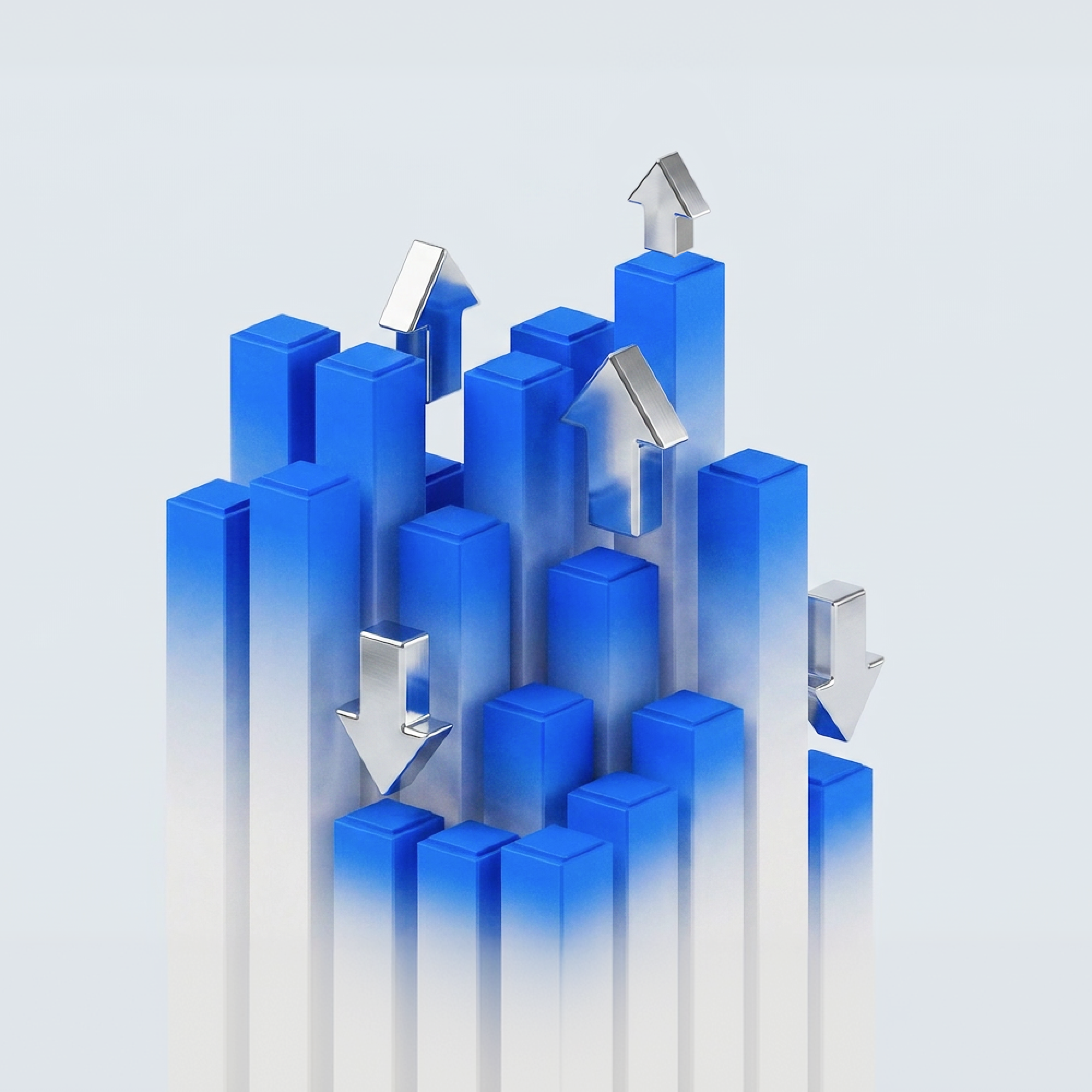3D illustration of blue bar charts with up and down arrows representing market movements