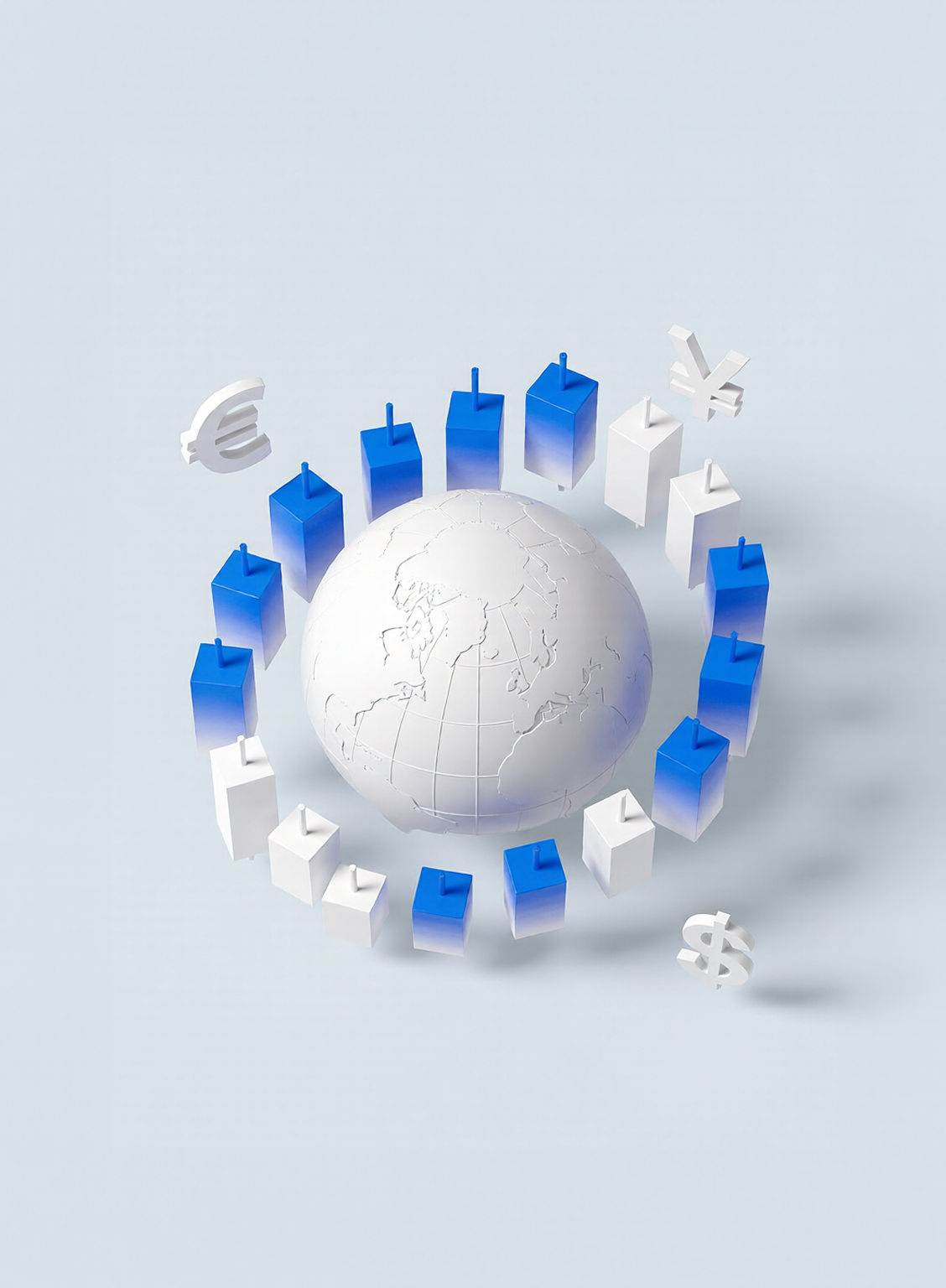 3D illustration of a globe surrounded by candlestick charts and currency symbols