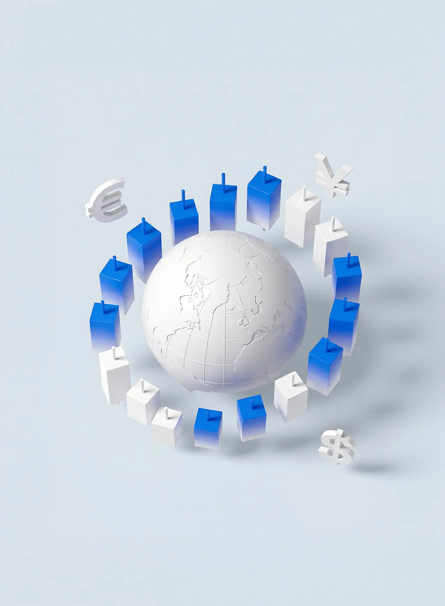 3D illustration of a globe surrounded by candlestick charts and currency symbols