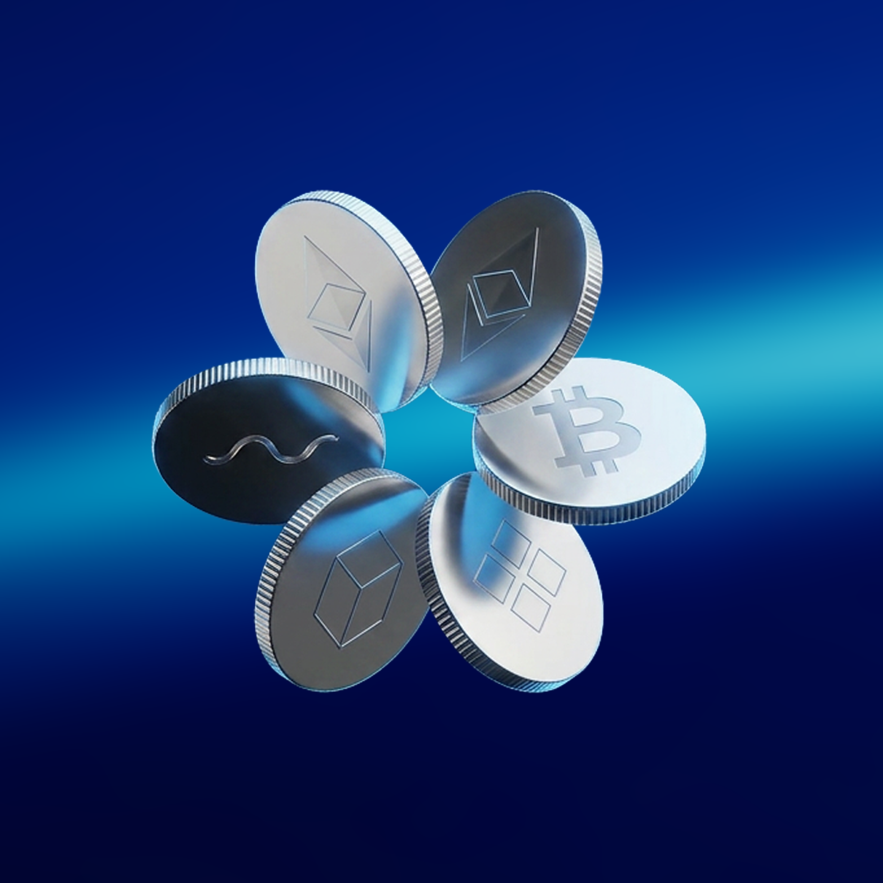 3D illustration of multiple cryptocurrency coins including Bitcoin and Ethereum arranged in a circle