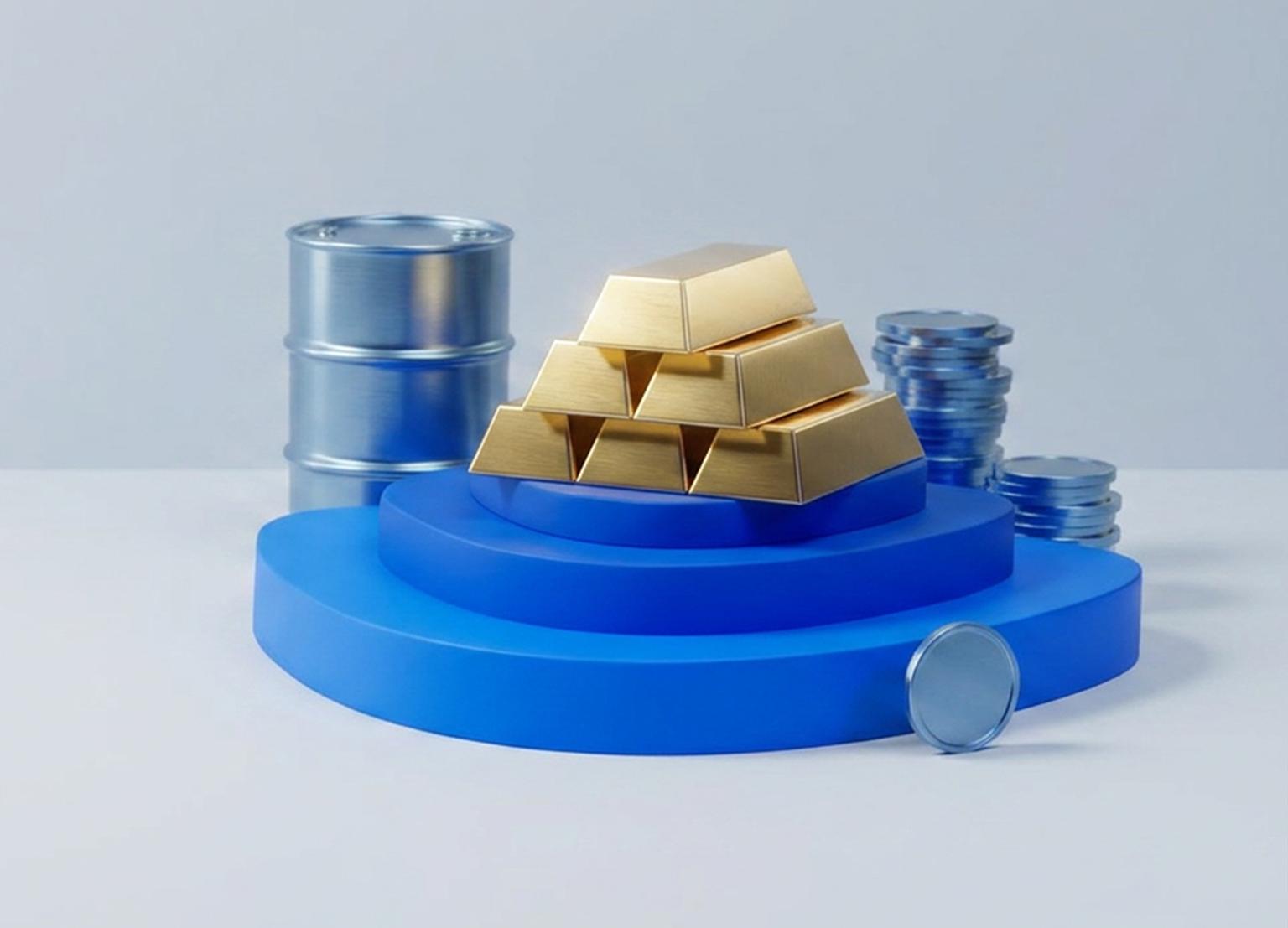 3D illustration of gold bars, oil barrels and coins representing commodities trading.