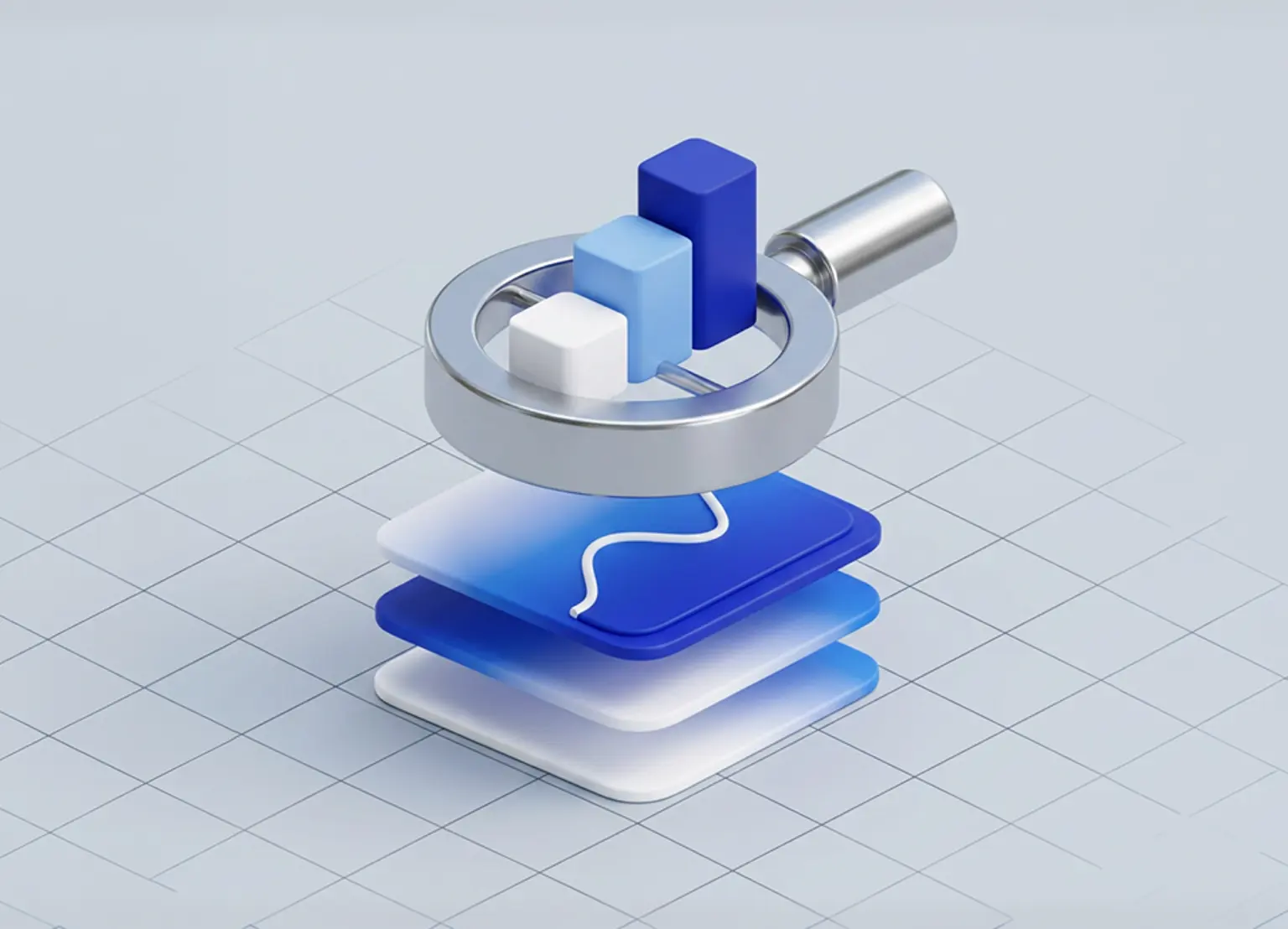 3D illustration of a magnifying glass examining a bar chart over layered data sheets.