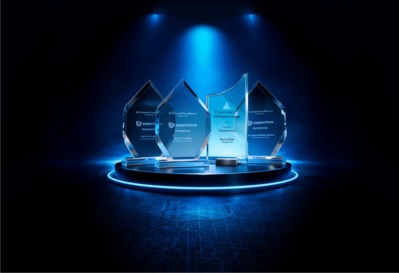 Pepperstone industry award trophies displayed on a lit podium