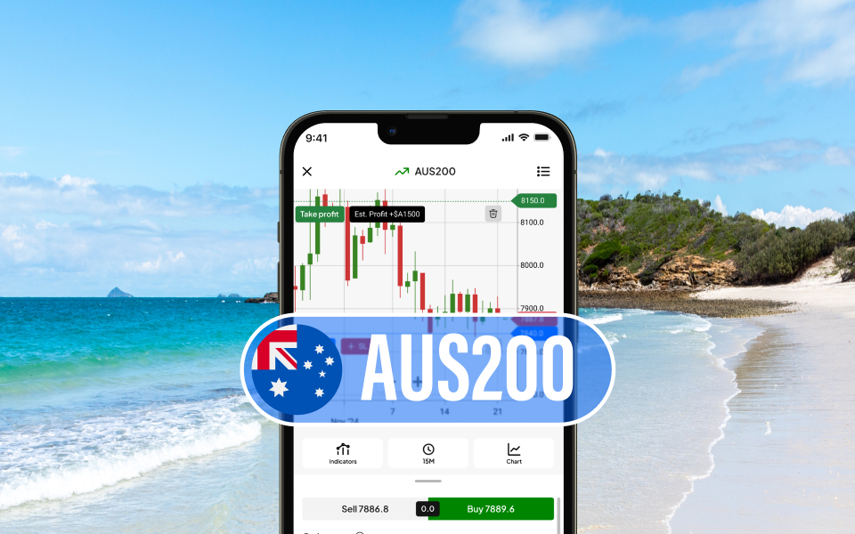 Beach background with phone with trading and AUS200 Logo